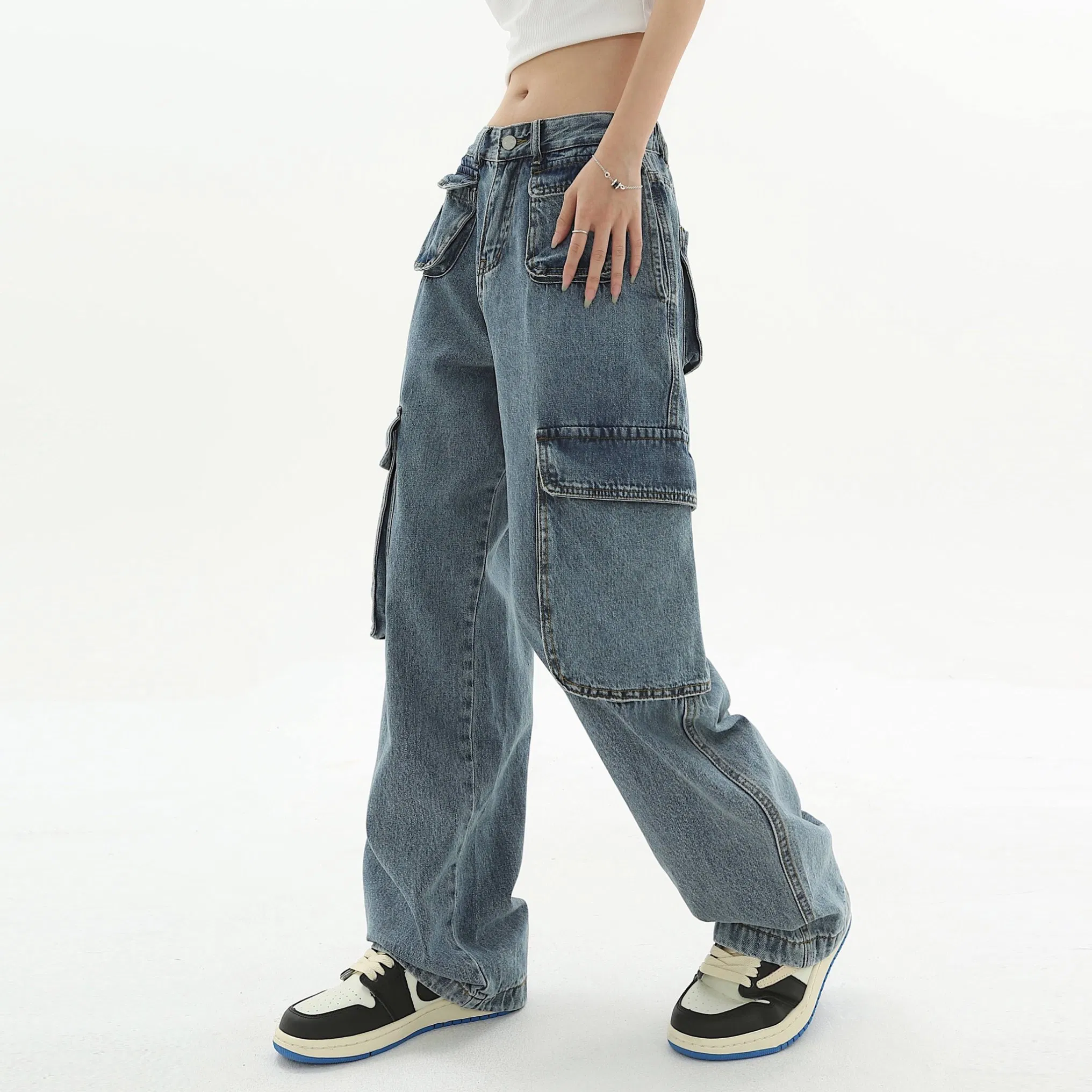 Calças jeans desgastadas, desfiadas e largas para mulheres, com múltiplos bolsos, estilo reto e solto, tendência hip-hop, respirável