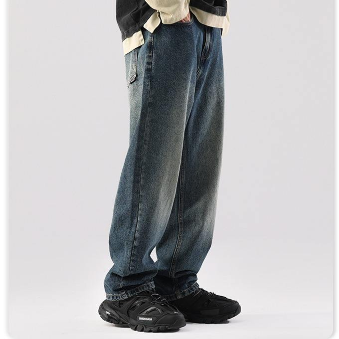 Calças largas versáteis de drapeado para homens estilo americano, tamanho grande, jeans vintage lavados estilo japonês