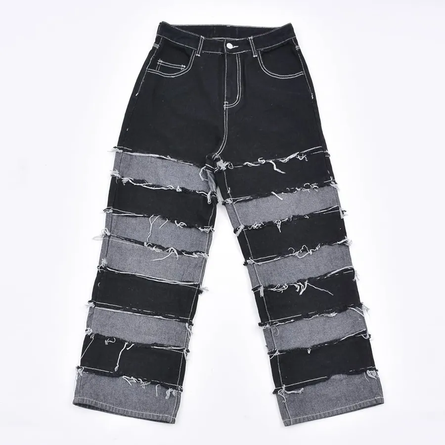 Calças jeans skinny de denim preto em patchwork listrado com acetato para homens