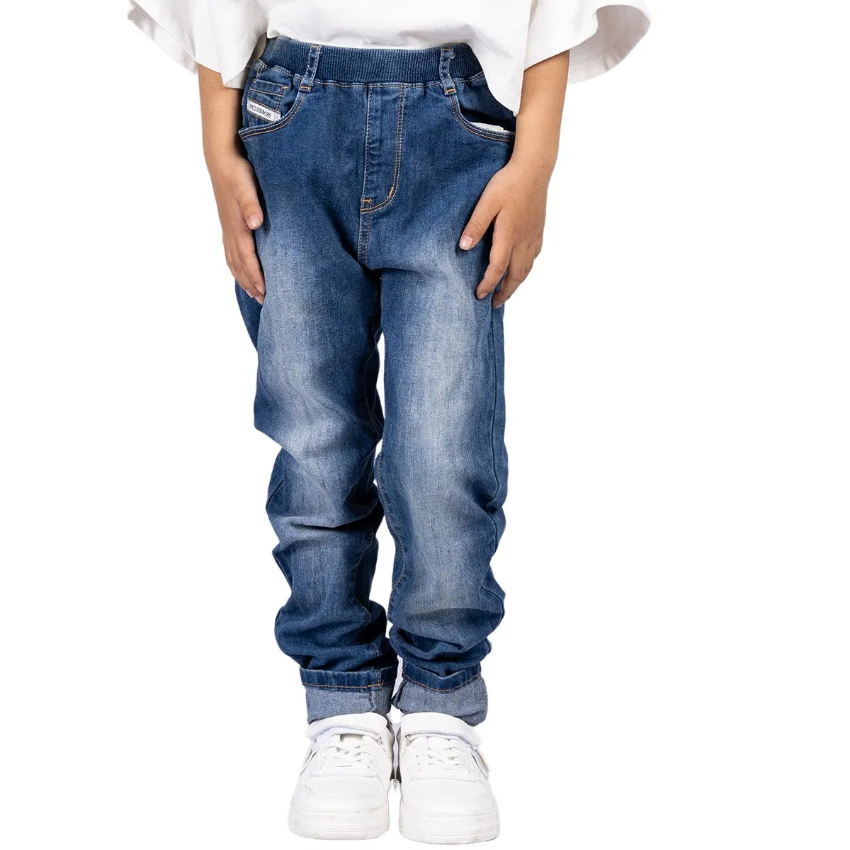 Calças de Denim Azul para Crianças Estilo Simples Lavagem Suave Personalizada