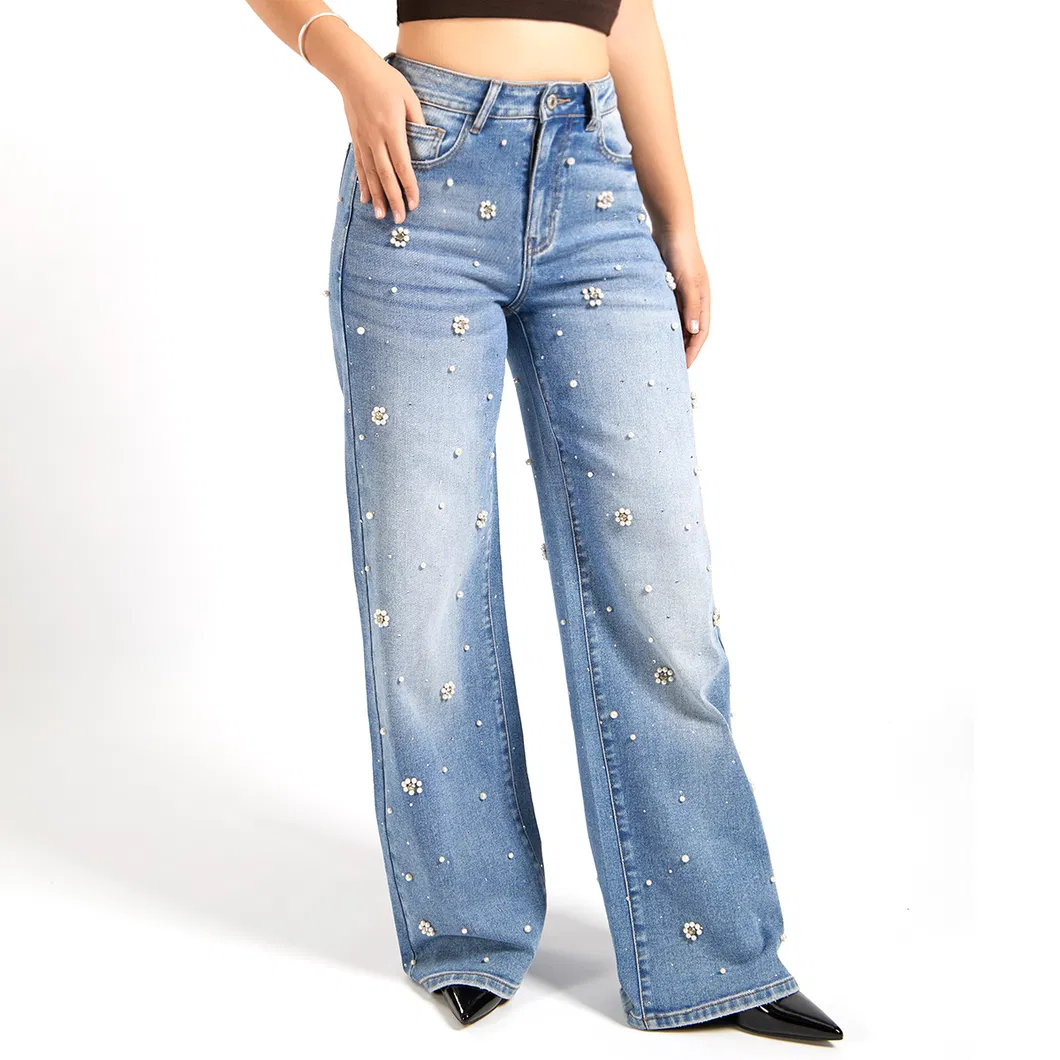Fabricante de Guangzhou Calças Jeans Femininas Azuis de Cintura Alta e Perna Larga Personalizadas