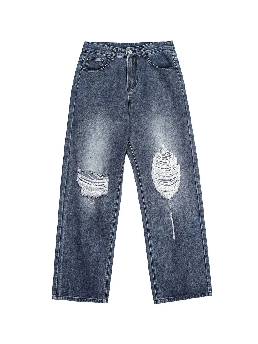 Jeans Masculinos Estilosos e Quentes, Cintura Média, Lavagem Solta, Design com Rasgos no Joelho para Uso Casual de Rua