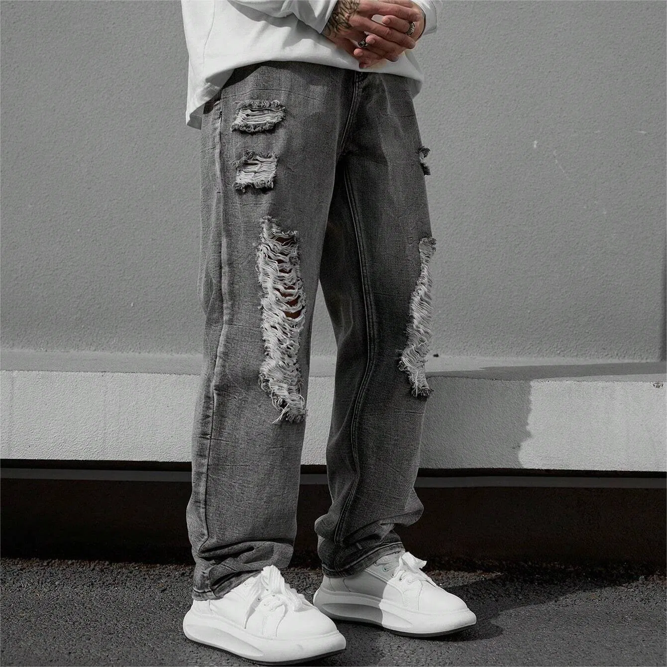 Fábrica OEM de Alta Qualidade Calças Cinzas Streetwear Roupas Baggy Personalizadas Jeans Masculinos Rasgados Ajuste Solto Cinza