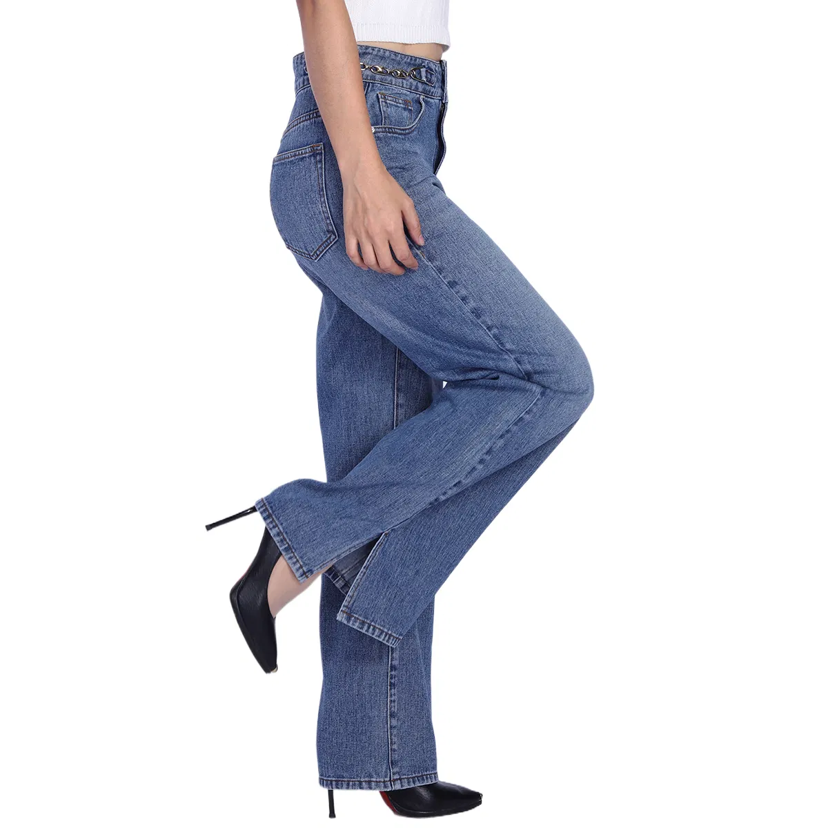 Calças jeans boyfriend mom de cintura alta em denim azul médio, largas e retas para mulheres