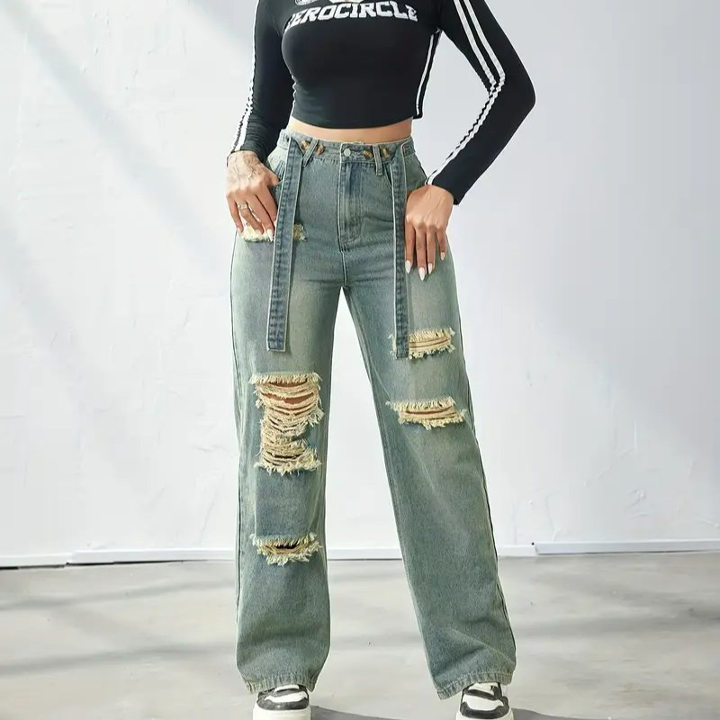Calças Jeans Vintage Baggy Azuis de Perna Reta Rasgadas com Efeito Desgastado Ajustadas para Menina