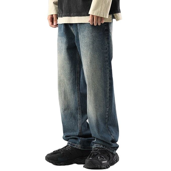 Calças largas versáteis de drapeado para homens estilo americano, tamanho grande, jeans vintage lavados estilo japonês