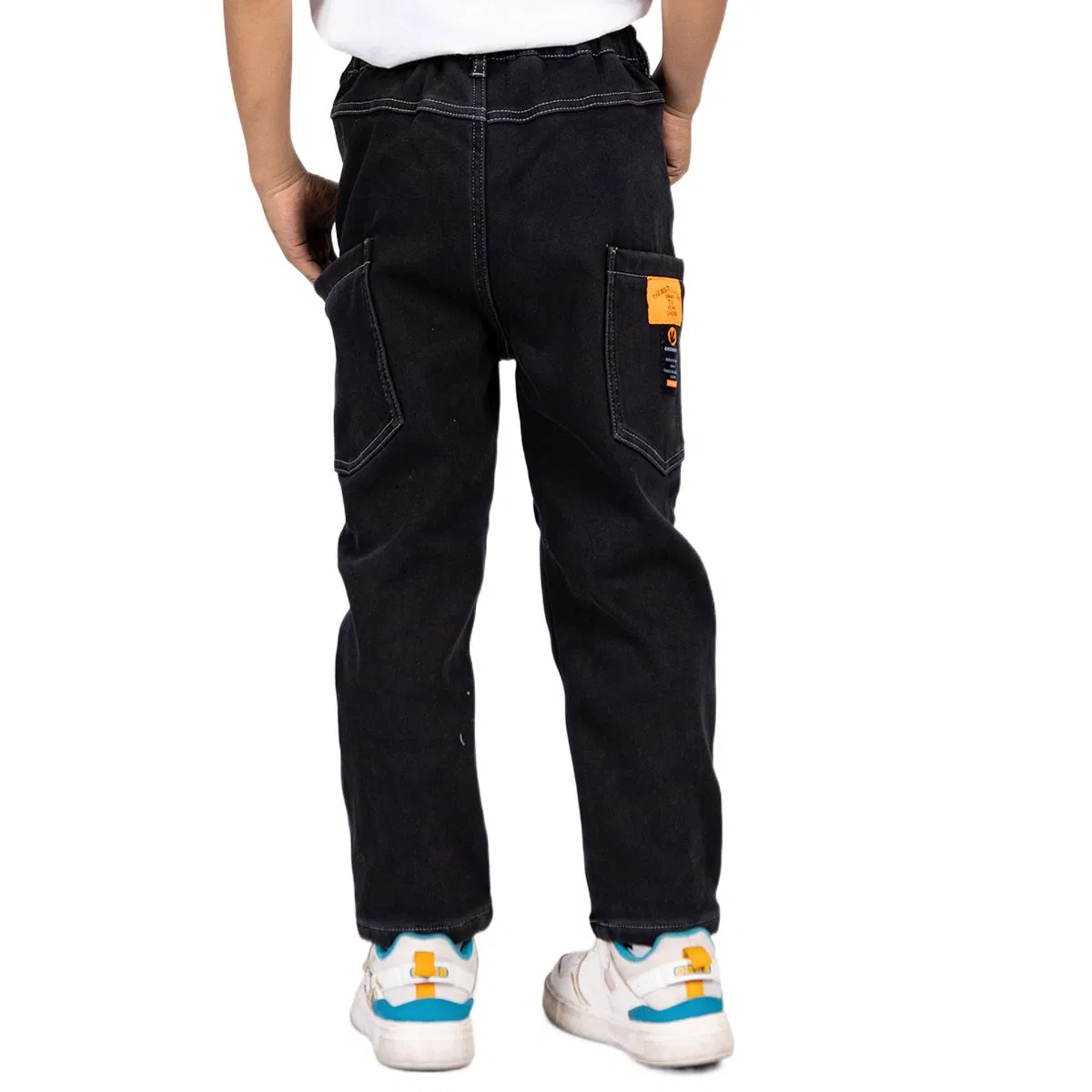 Calças de menino em denim com design retro preto personalizado, laváveis, elásticas e com múltiplos bolsos