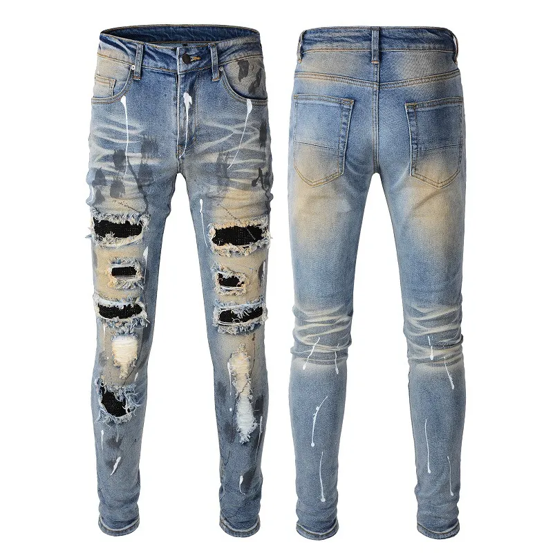 Calças Jeans Slim Elásticas de Couro com Bordado da Marca Trendy Am High Street, Calças Vintage Lavadas, Estilo Hip Hop