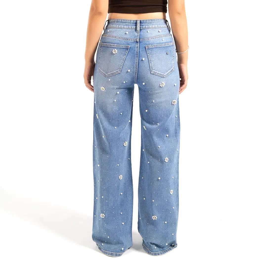 Fabricante de Guangzhou Calças Jeans Femininas Azuis de Cintura Alta e Perna Larga Personalizadas