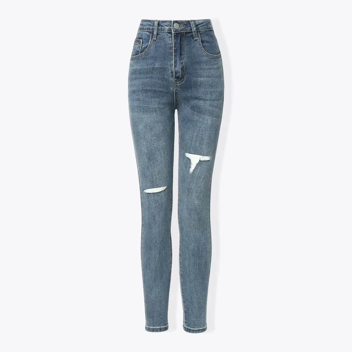 Calças Jeans Femininas Azuis de Cintura Alta Casuais Respiráveis com Franjas Largas