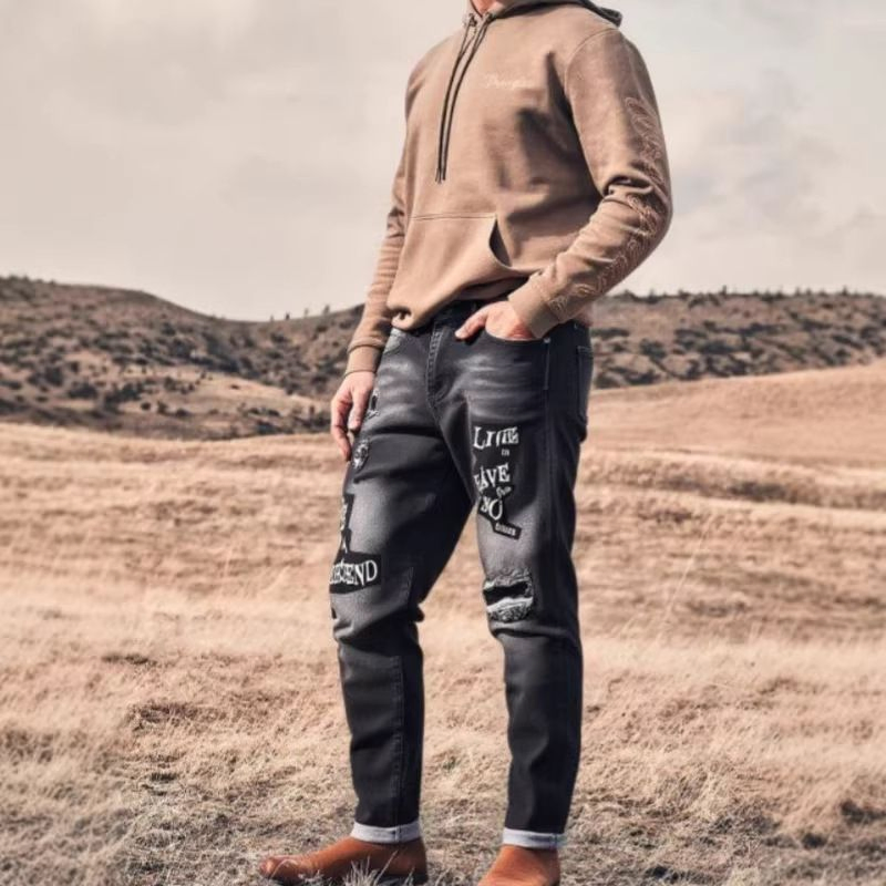 Jeans Casuais Masculinos Estilo Desgastado com Letra Única