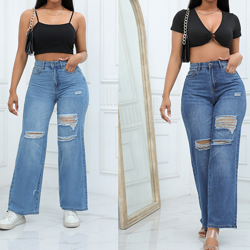 Calças de jeans largas rasgadas de moda casual femininas personalizadas por atacado em denim lavado