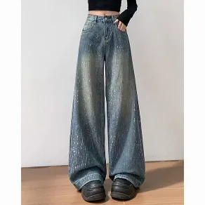 Calças de Jeans Bordadas em Patches de Estilo Americano Divertido para Homens e Mulheres no Mesmo Estilo, Nova Tendência, Ajuste Relaxado, Largas e Longas