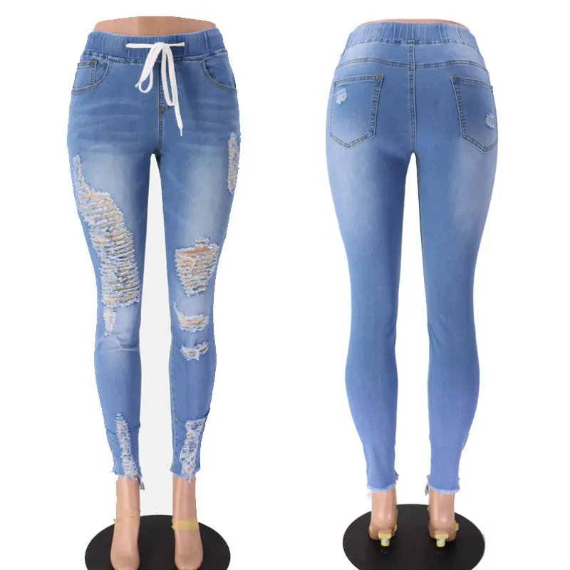 Calças de Moda Azuis Rasgadas Com Buracos Stretch para Mulheres Jeans Femininos; S Jeans