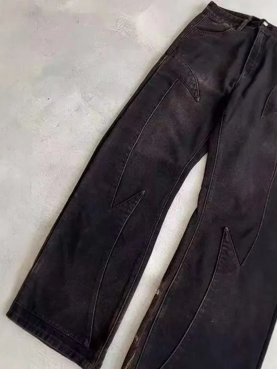 Calças jeans masculinas de denim pretas, oversized, de perna reta, acid washed, vintage