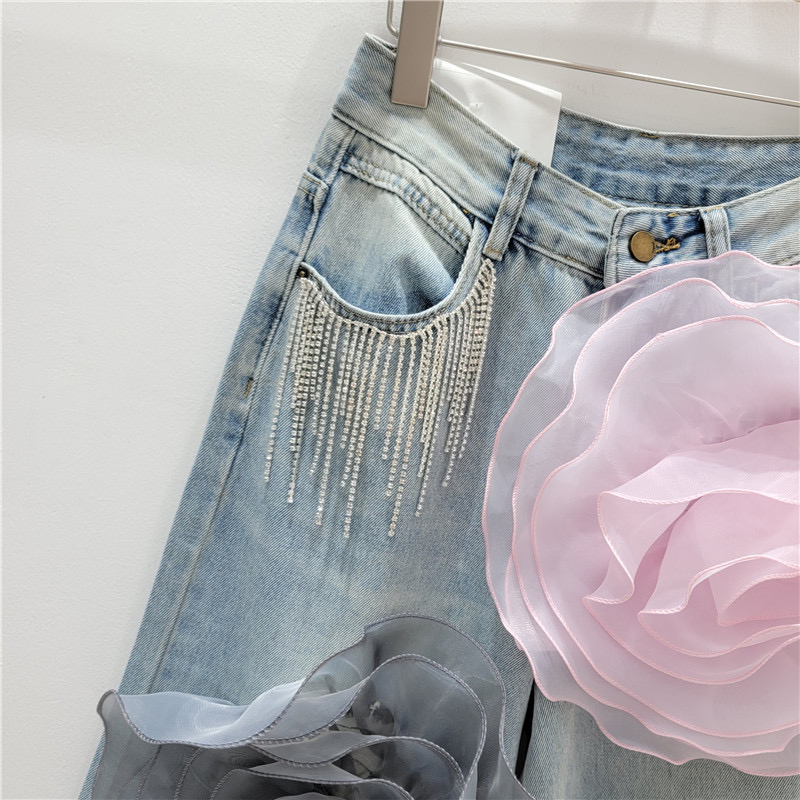 Calças jeans retas de cintura alta de estilo europeu personalizadas, versão coreana, que afinam a silhueta