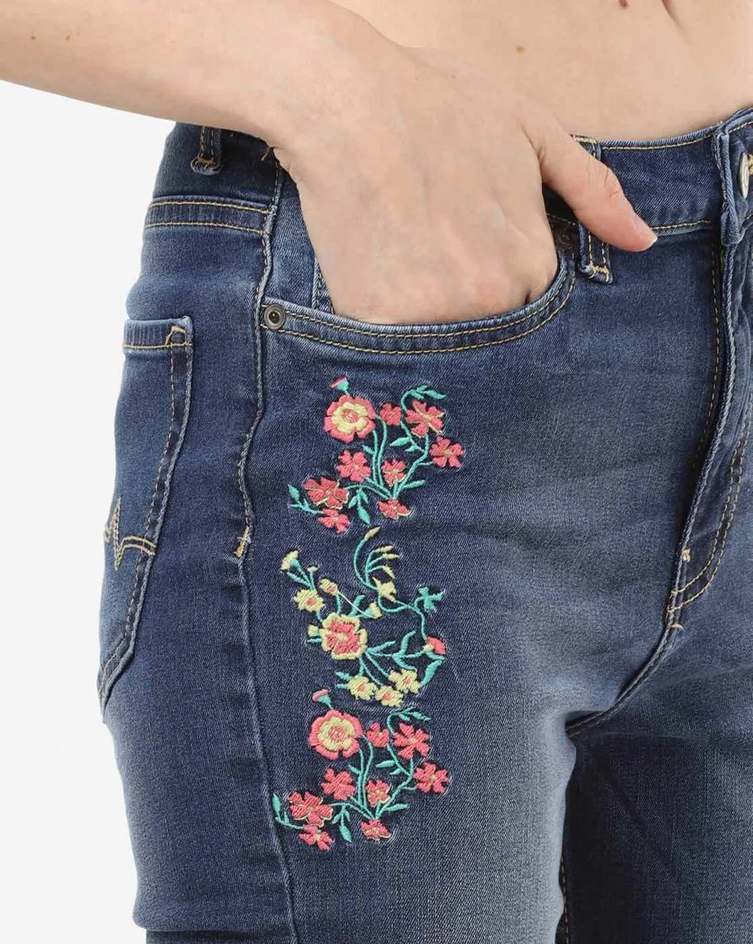 Calças de Jeans de Denim Stretch para Mulheres com Cintura Média
