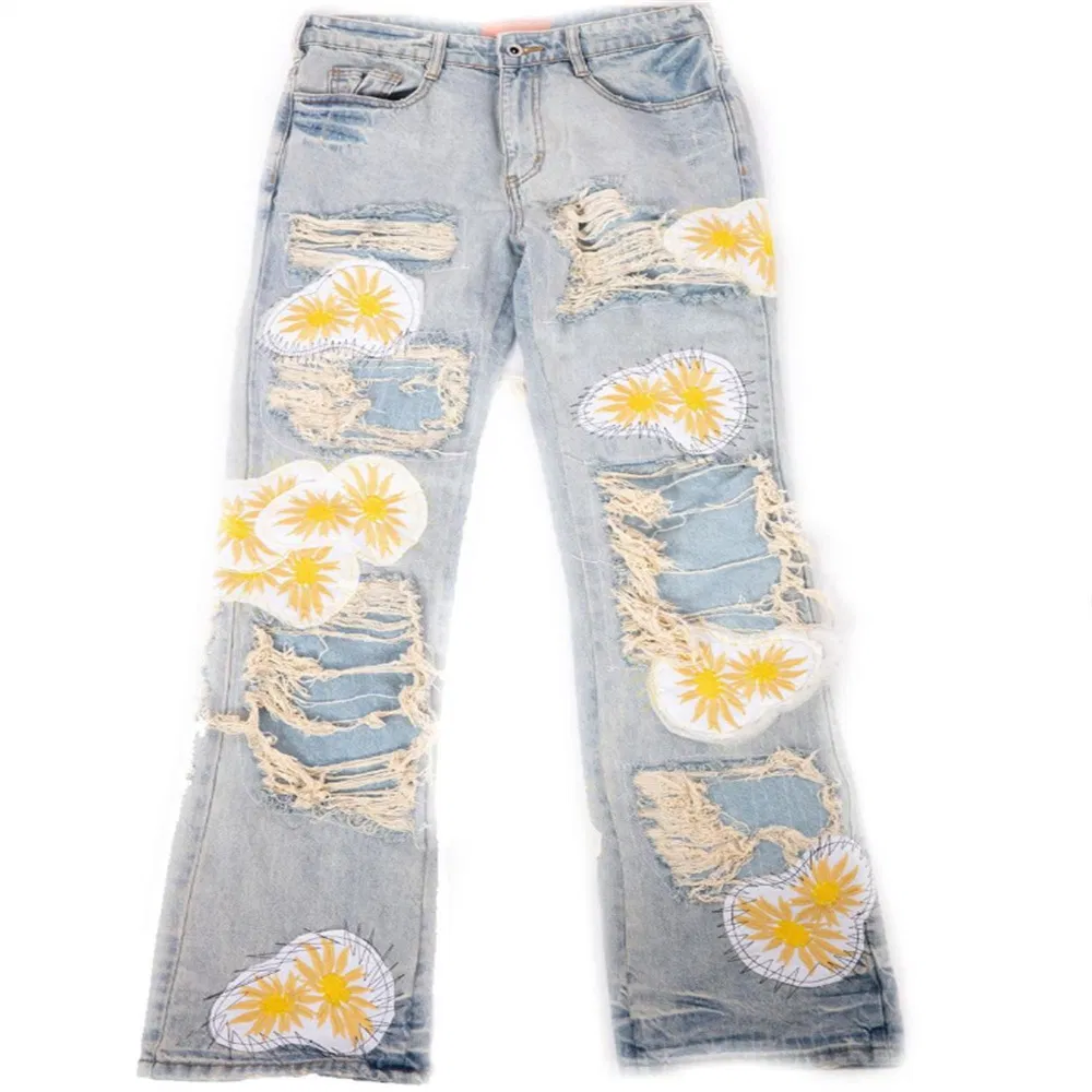 Calças Jeans Distressed High Street Hole Vintage Hip Hop Masculinas Estilo de Rua Bordado Perfurado Calças Largas de Perna Reta Lavagem Desbotada ao Sol