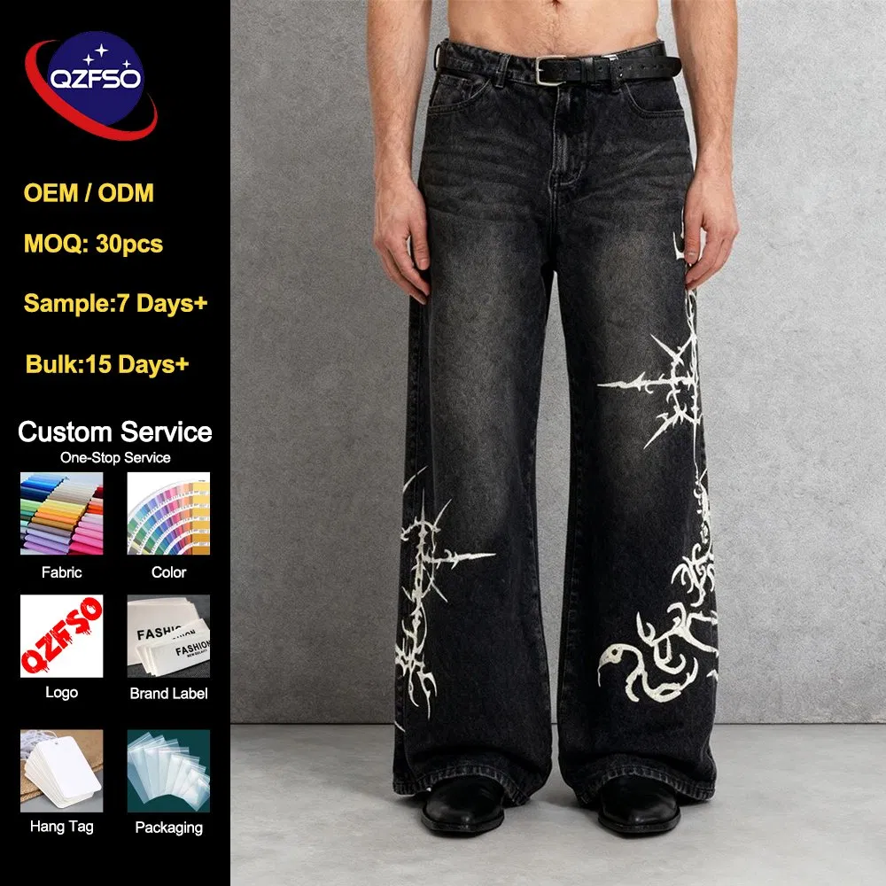 Calças retas de hip-hop personalizadas, streetwear, jeans de denim acid washed com gráfico, pernas largas