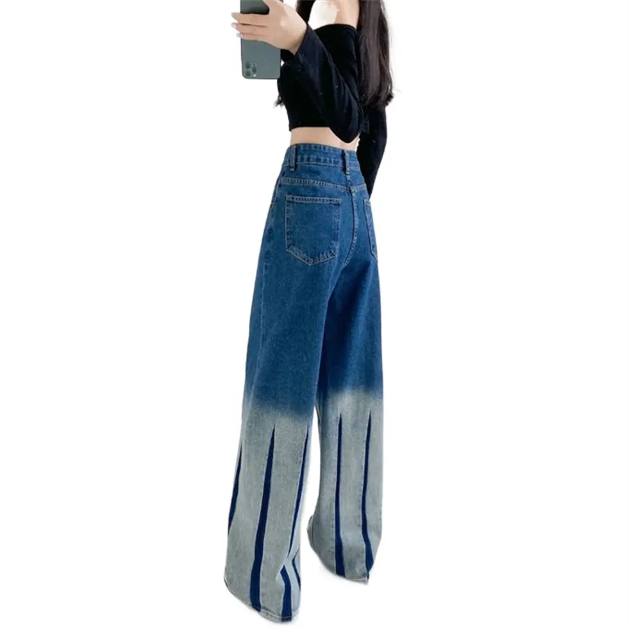 Calças de Denim Femininas de Largura Larga com Estampa Batik em Gradiente de Cores da Primavera e Outono, Design Relaxado com Corte Reto e Comprimento até o Chão