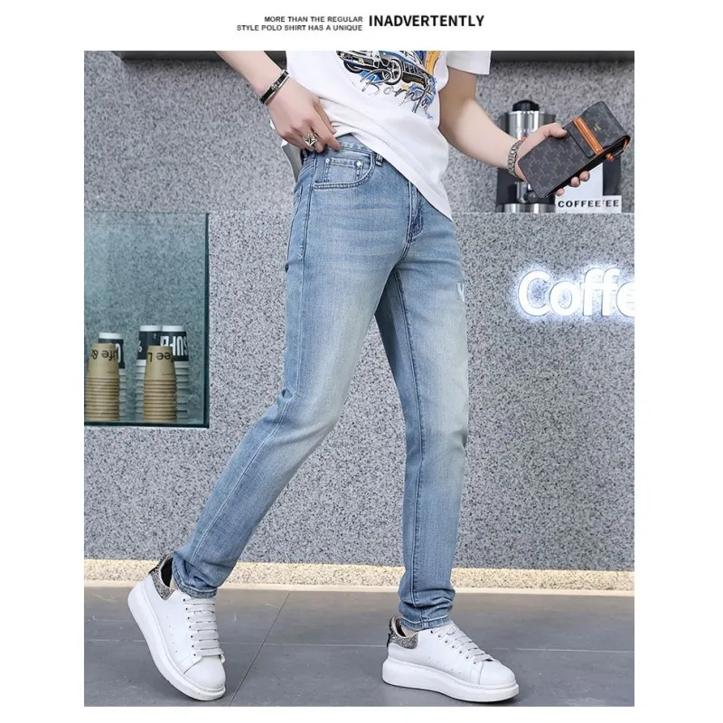 Calças Jeans Casuais Slim Fit para Homens de Cintura Alta Respirável Clássicas Estilo Hip Hop Cinza Carvão Letra Outono Verão Primavera