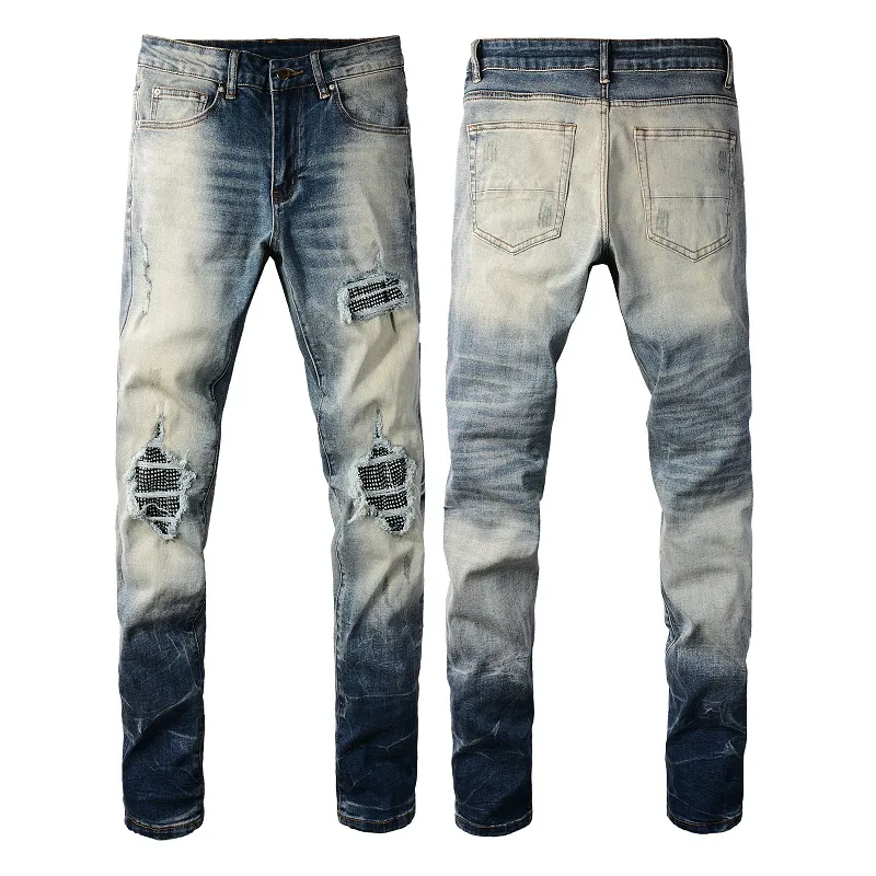 Calças Jeans Slim com Design Novo para Homens, Personalizadas com Logo da Fábrica, Jeans de Denim com Bordado e Efeito Desgastado