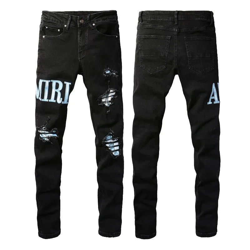 Calças Jeans Slim Elásticas de Couro com Bordado da Marca Trendy Am High Street, Calças Vintage Lavadas, Estilo Hip Hop