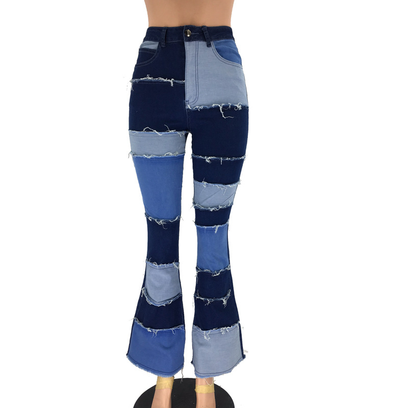 Calças Flare Femininas de Cintura Alta com Barra Desfiada, Jeans de Denim Skinny