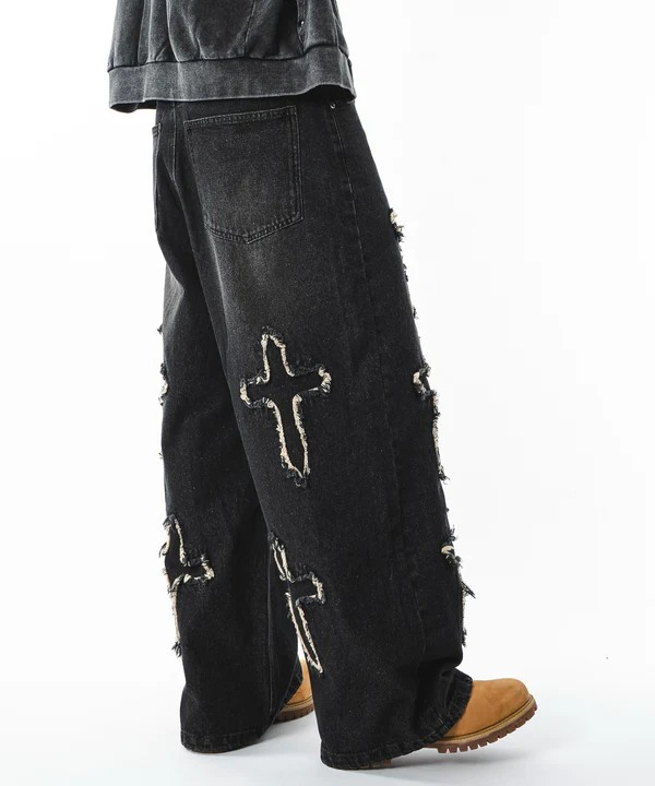 Calças Jeans Baggy de Algodão Premium com Design de Bordado em Ponto Cruz Comprimento da Calça