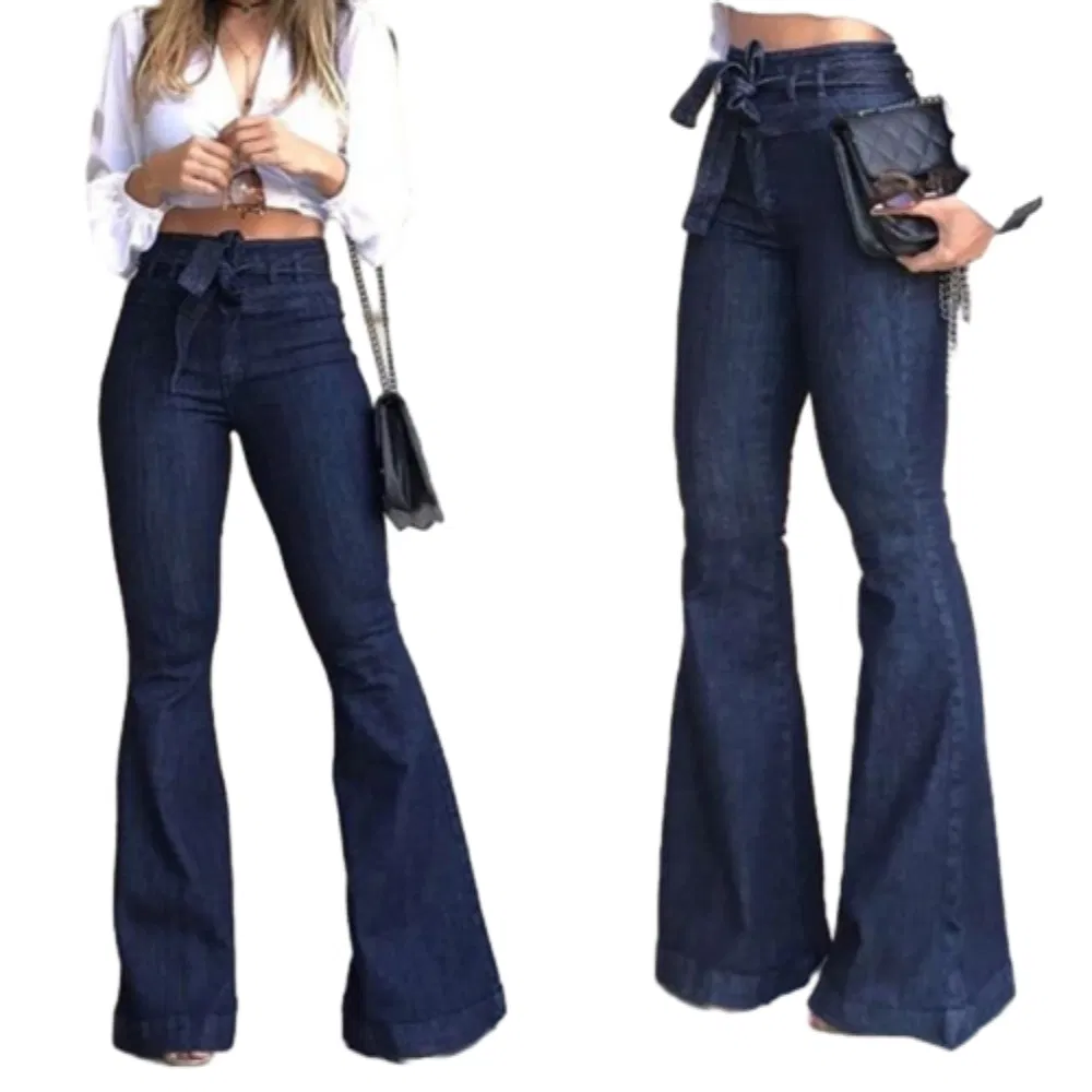 Melhores Vendas Atacado Único Lisonjeiro Jeans Flare Preto de Cintura Alta Calças de Moda Distintiva