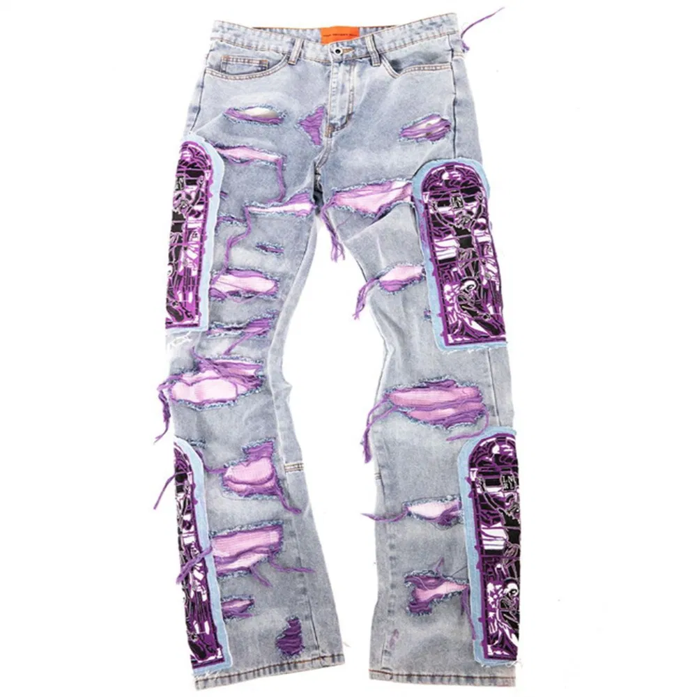 Calças Jeans Distressed High Street Hole Vintage Hip Hop Masculinas Estilo de Rua Bordado Perfurado Calças Largas de Perna Reta Lavagem Desbotada ao Sol