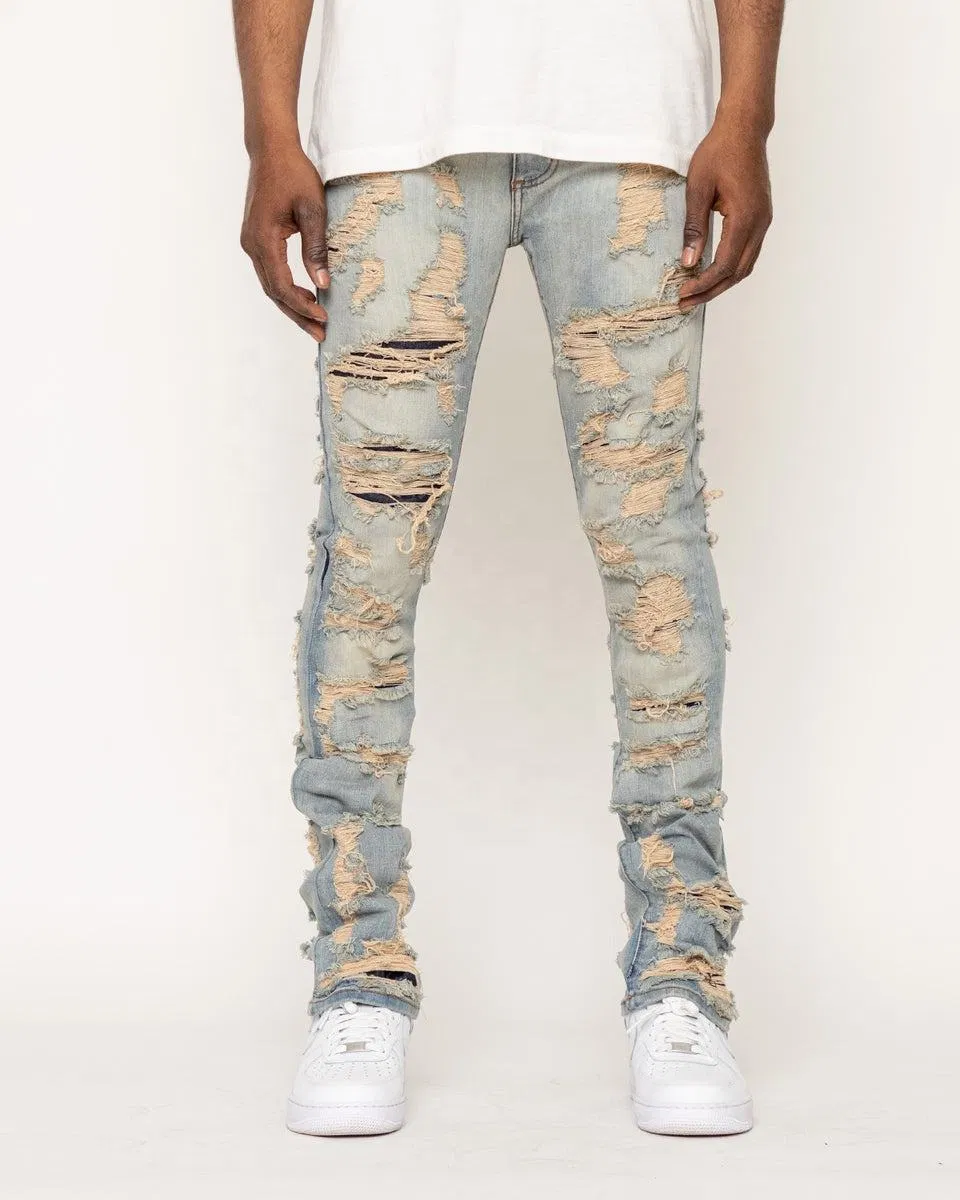 Calças jeans empilhadas rasgadas vintage para homens, personalizadas e fabricadas na Itália