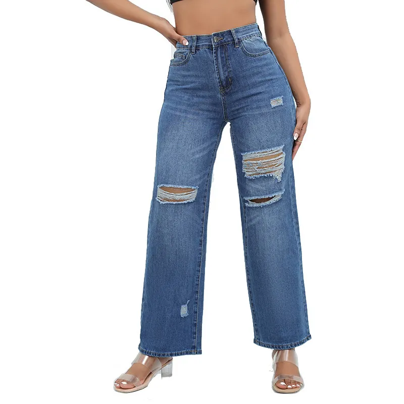 Calças de jeans largas rasgadas de moda casual femininas personalizadas por atacado em denim lavado