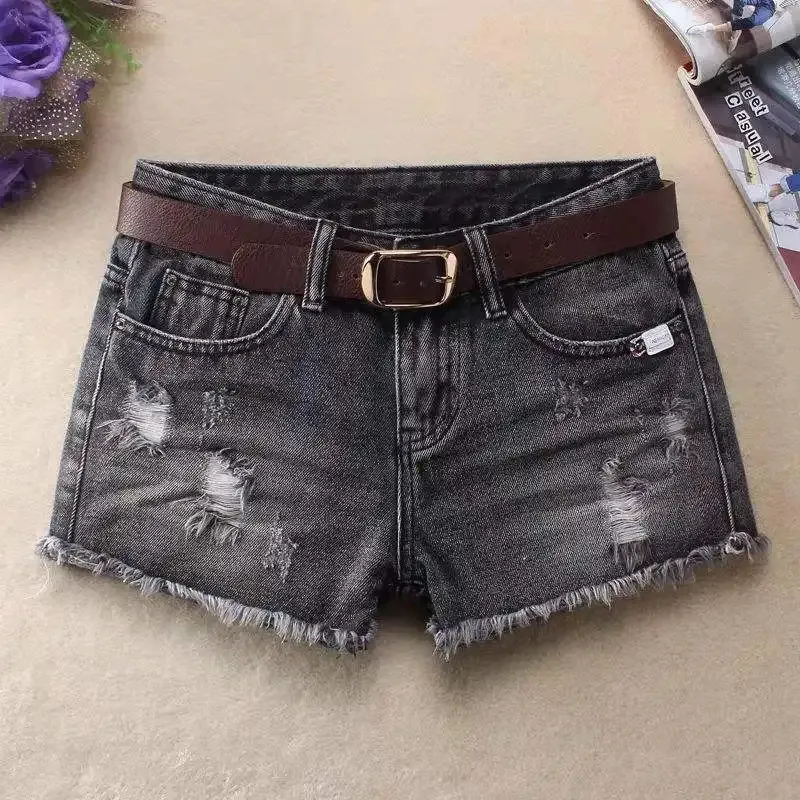 Shorts Casuais de Denim Femininos de Cintura Alta Retro Artificial com Ajuste Slim