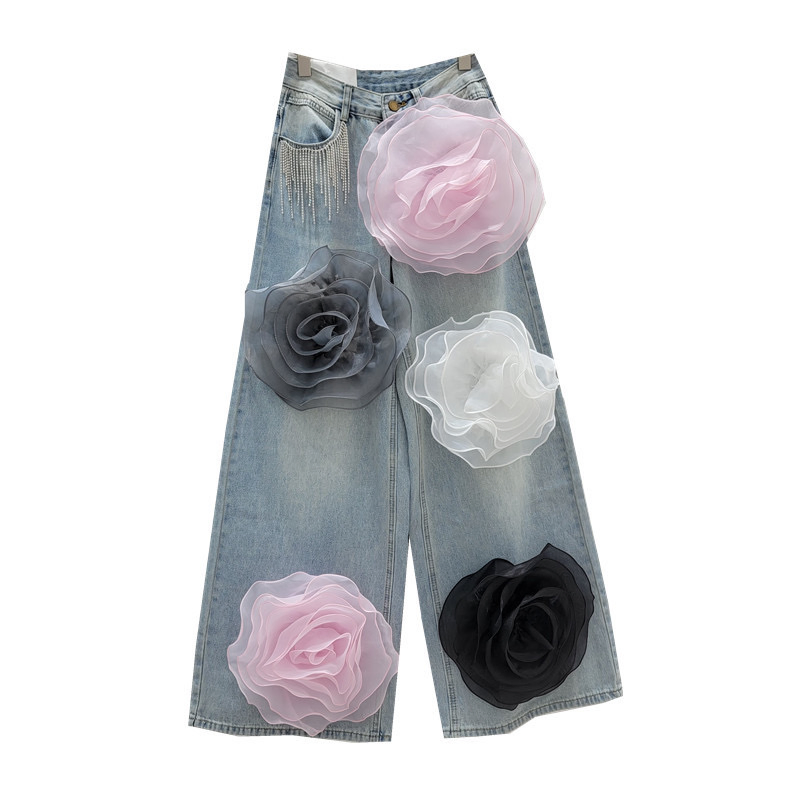 Calças jeans retas de cintura alta de estilo europeu personalizadas, versão coreana, que afinam a silhueta