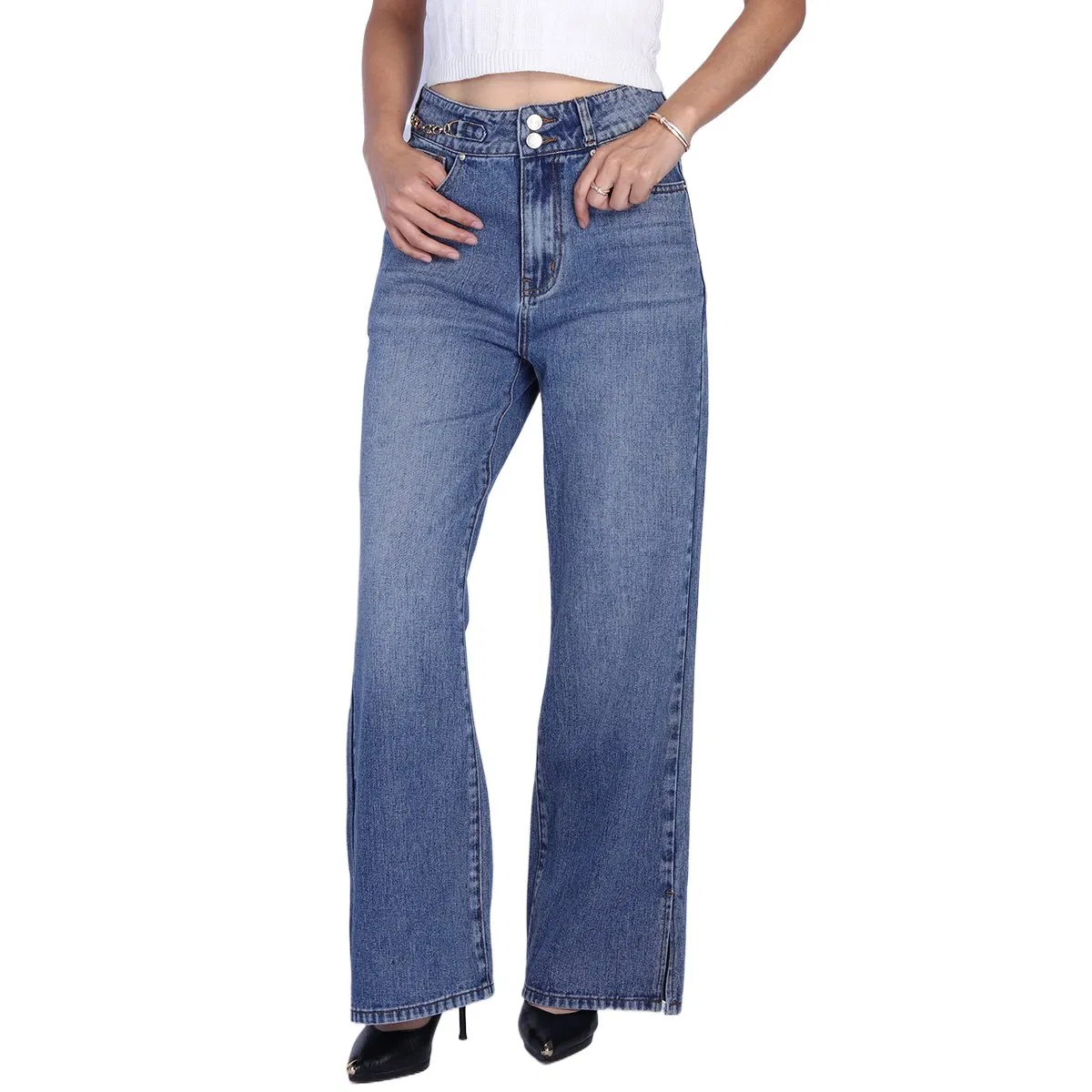 Calças jeans boyfriend mom de cintura alta em denim azul médio, largas e retas para mulheres