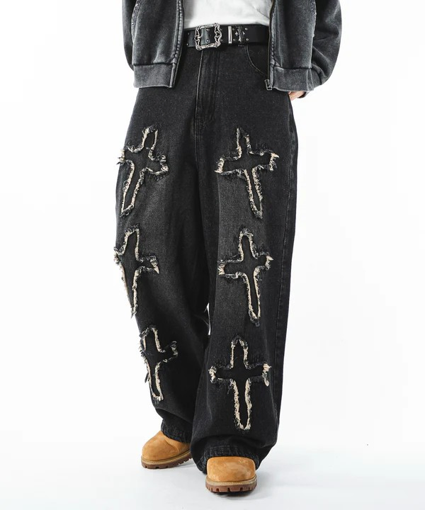 Calças Jeans Baggy de Algodão Premium com Design de Bordado em Ponto Cruz Comprimento da Calça