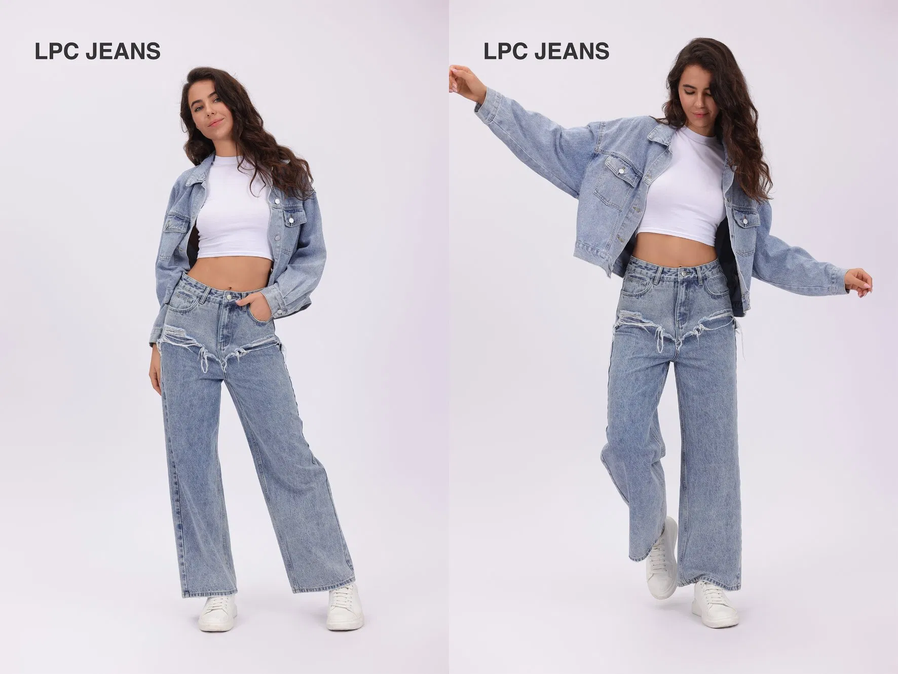 Calça Jeans Retas de Denim Azul Claro com Tendência de Mistura