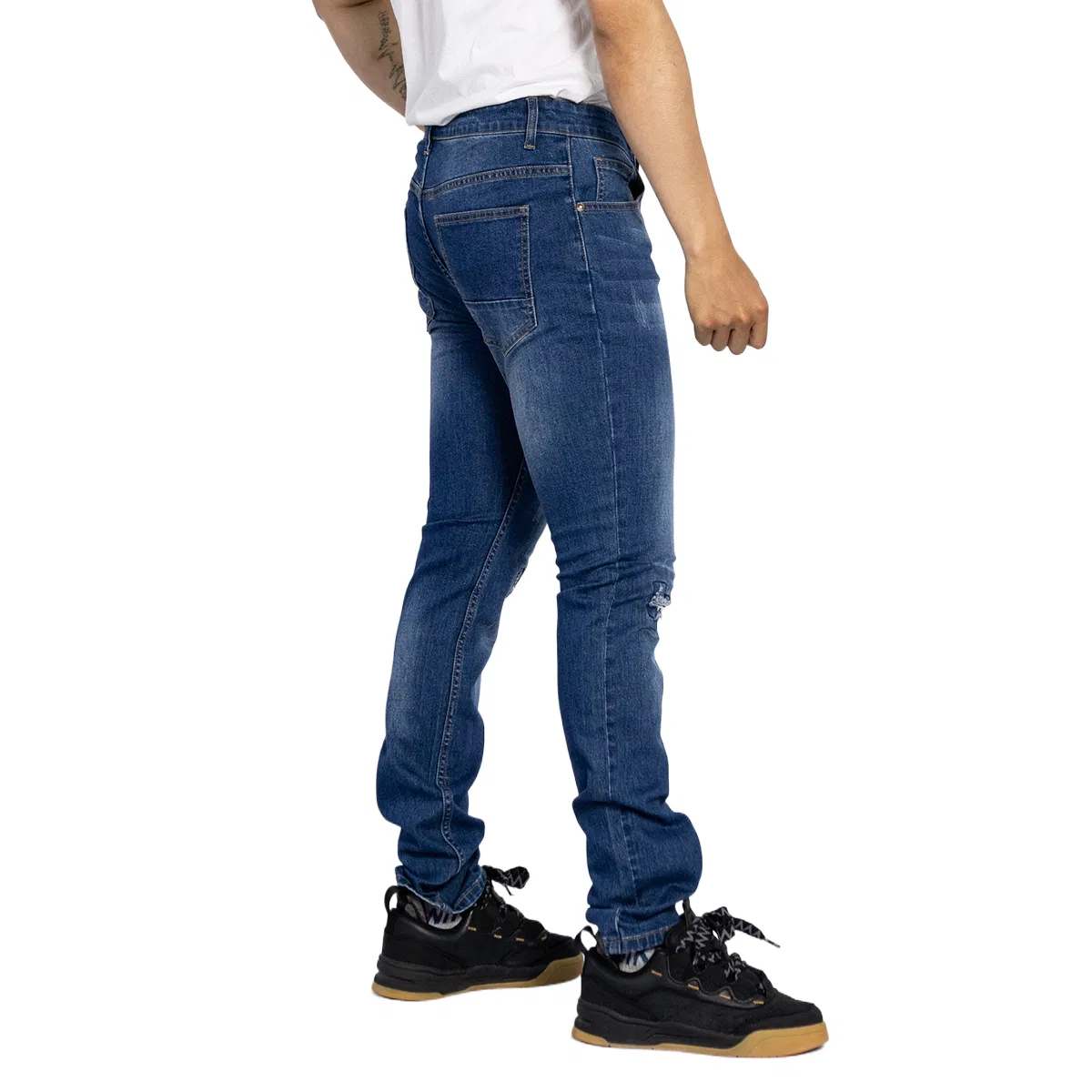 Jeans masculinos skinny de algodão macio personalizado, tecido de denim azul lavado e rasgado