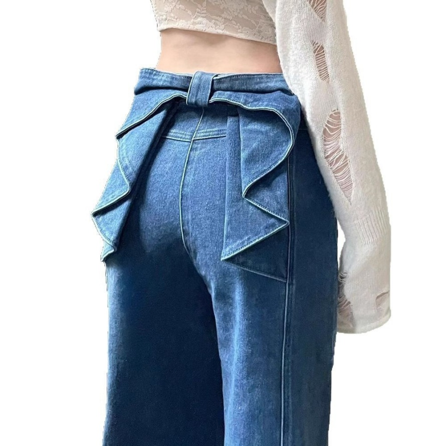 Calças femininas de jeans azul médio, toque suave, estilo urbano e resistentes ao desgaste