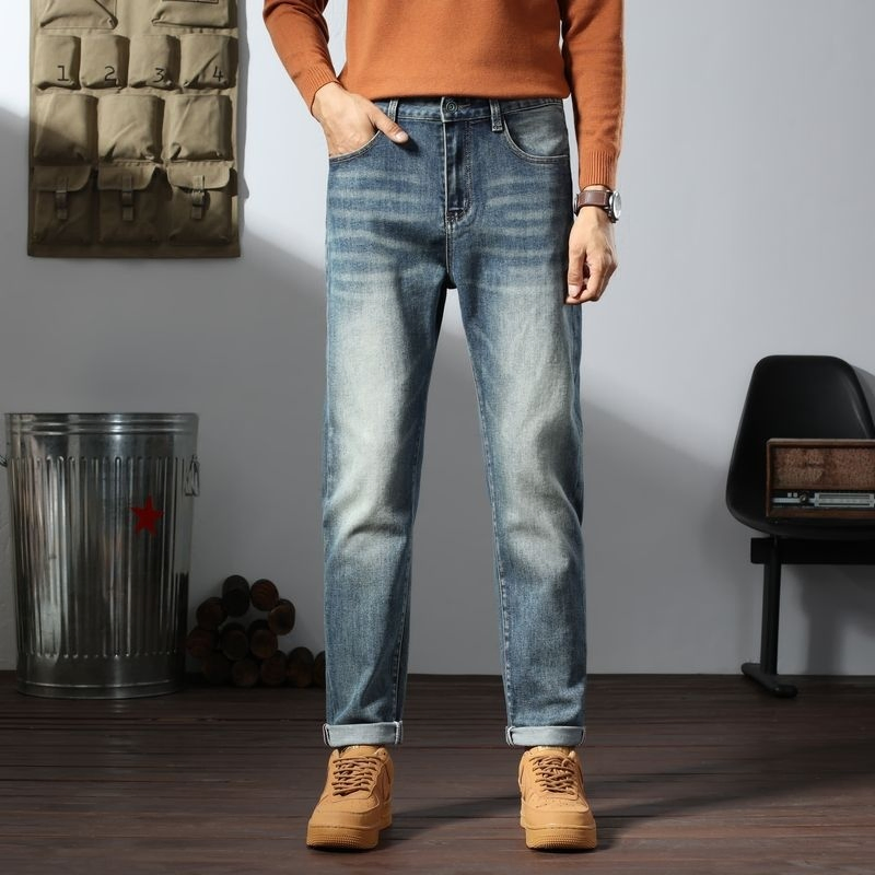 Calças jeans masculinas vintage de outono, estilo coreano, lavagem média, de cintura média, sólidas, respiráveis, leves e retas, personalizadas ODM