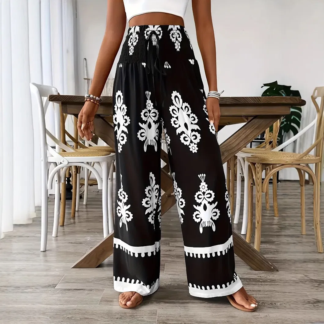 Roupas esportivas casuais femininas com padrão de renda, calças de cintura alta e perna larga