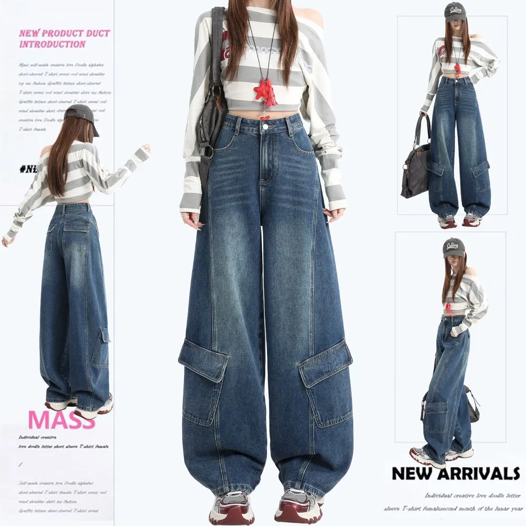 Baixa MOQ Calças Cargo Baggy Femininas de Cintura Alta Jeans Vintage Lavados de Perna Larga Moda de Rua