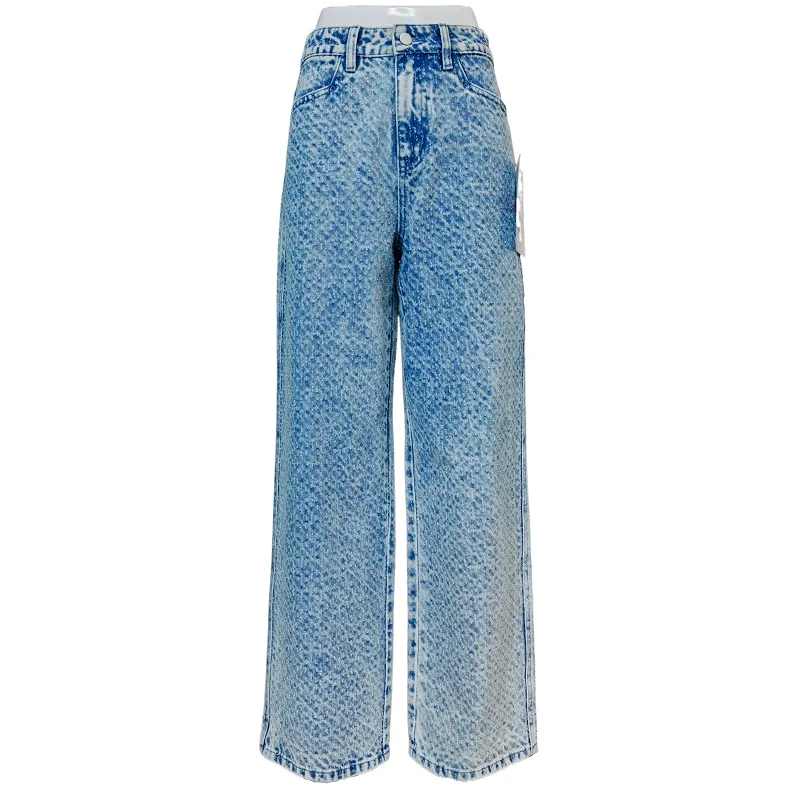 Calças de Denim Femininas de Largura Larga com Estampa Batik em Gradiente de Cores da Primavera e Outono, Design Relaxado com Corte Reto e Comprimento até o Chão