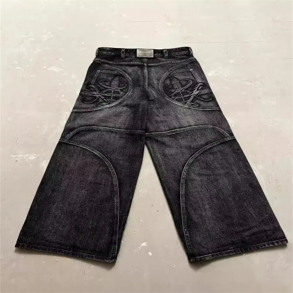 Calças Jeans Masculinas Personalizadas Estilo Desgastado Baggy Denim Bordado Estilo de Rua Pesadas Lavadas com Ácido Y2K Hip Hop Americano Retrô Calças Largas