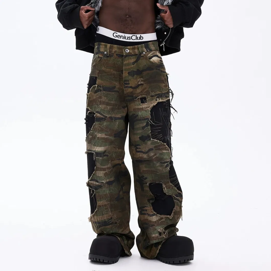 Calças de Camuflagem em Patchwork Retro American Street para Homens 3