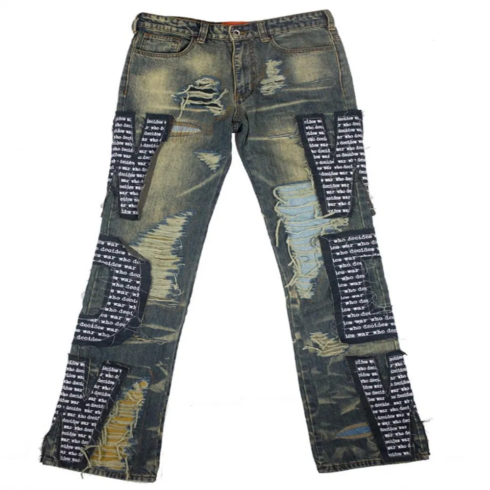 Calças Jeans Distressed High Street Hole Vintage Hip Hop Masculinas Estilo de Rua Bordado Perfurado Calças Largas de Perna Reta Lavagem Desbotada ao Sol