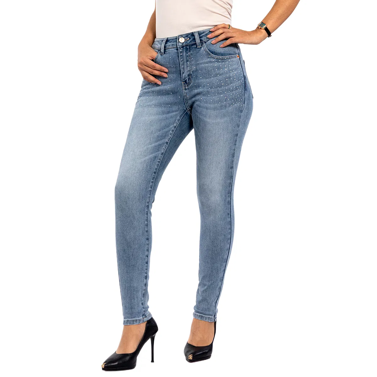 Calças de Denim Azul Claro com Lantejoulas e Strass de Cintura Alta, Skinny e com Stretch para Mulheres