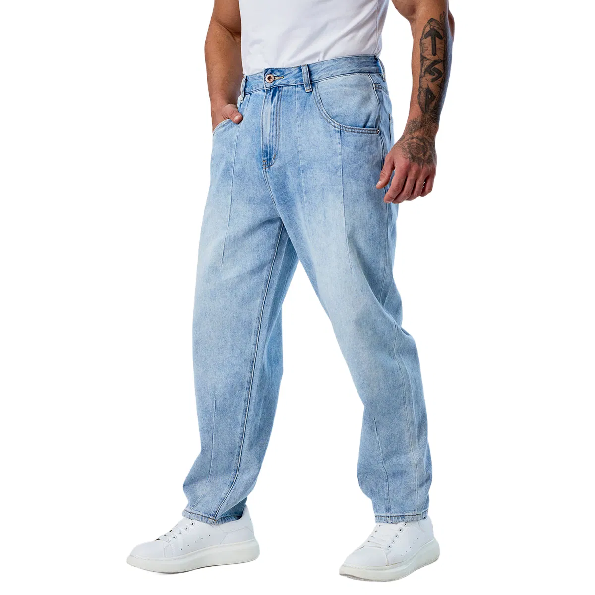 Calças baggy plissadas azul brilhante personalizadas para homens, jeans reto por atacado