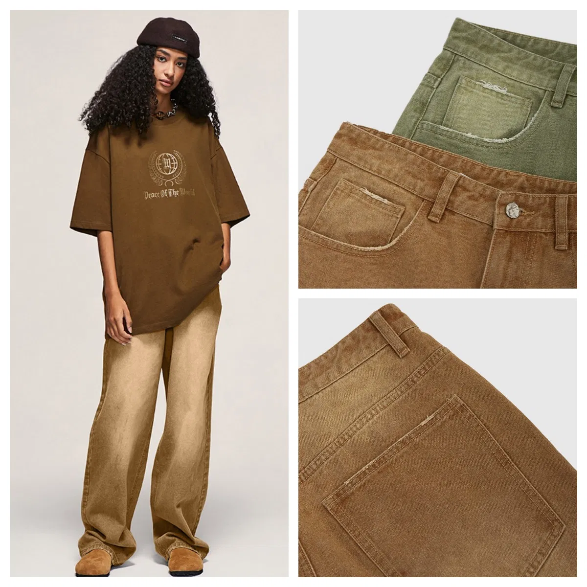 Marca de Moda 75%Cotton 25%Polyester Jeans de Largura Solta com Pernas Largas Lavados à Água Vintage de Alta Rua